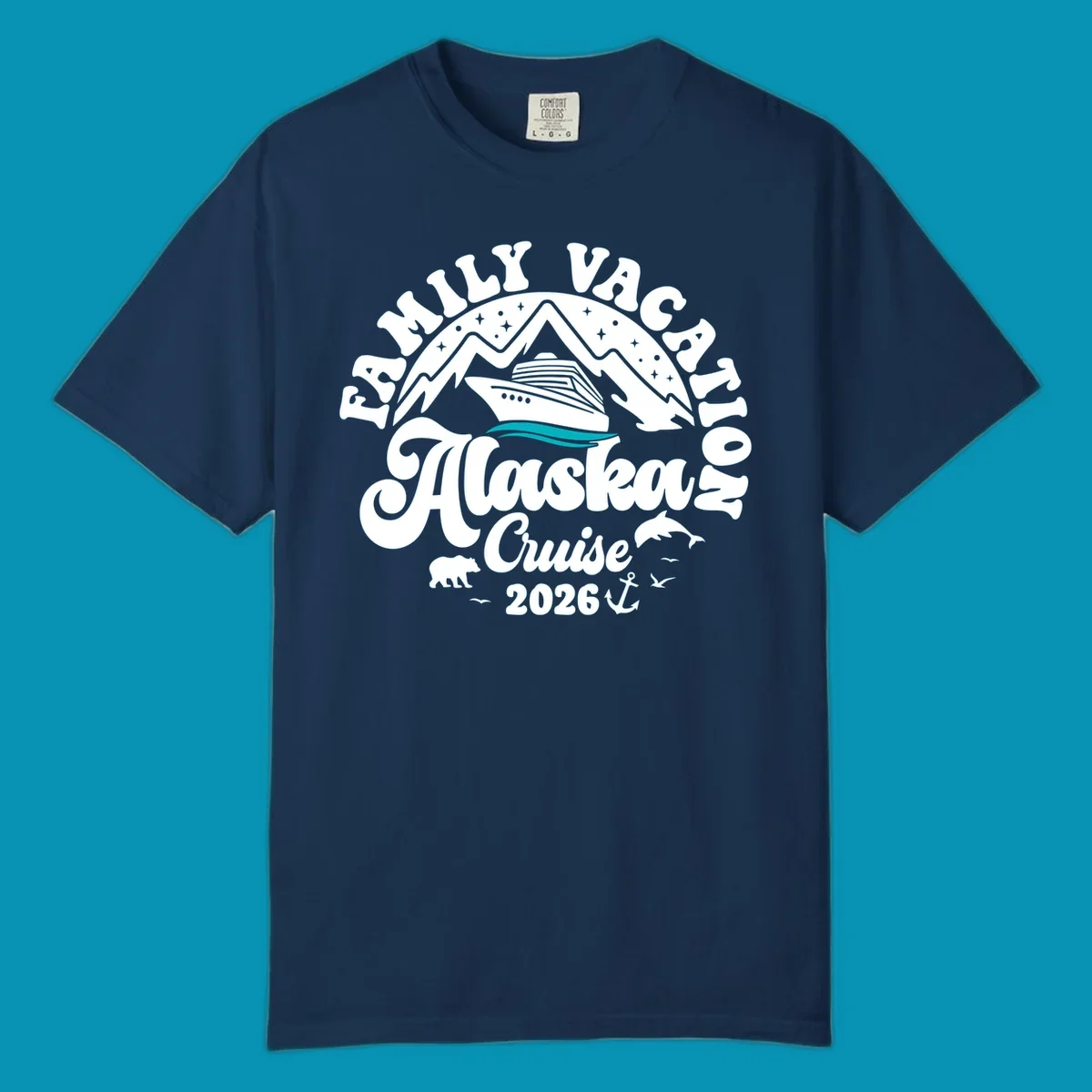 Minimalist design of two flowing teal ocean waves representing Alaska's serene waters and cruise journey.