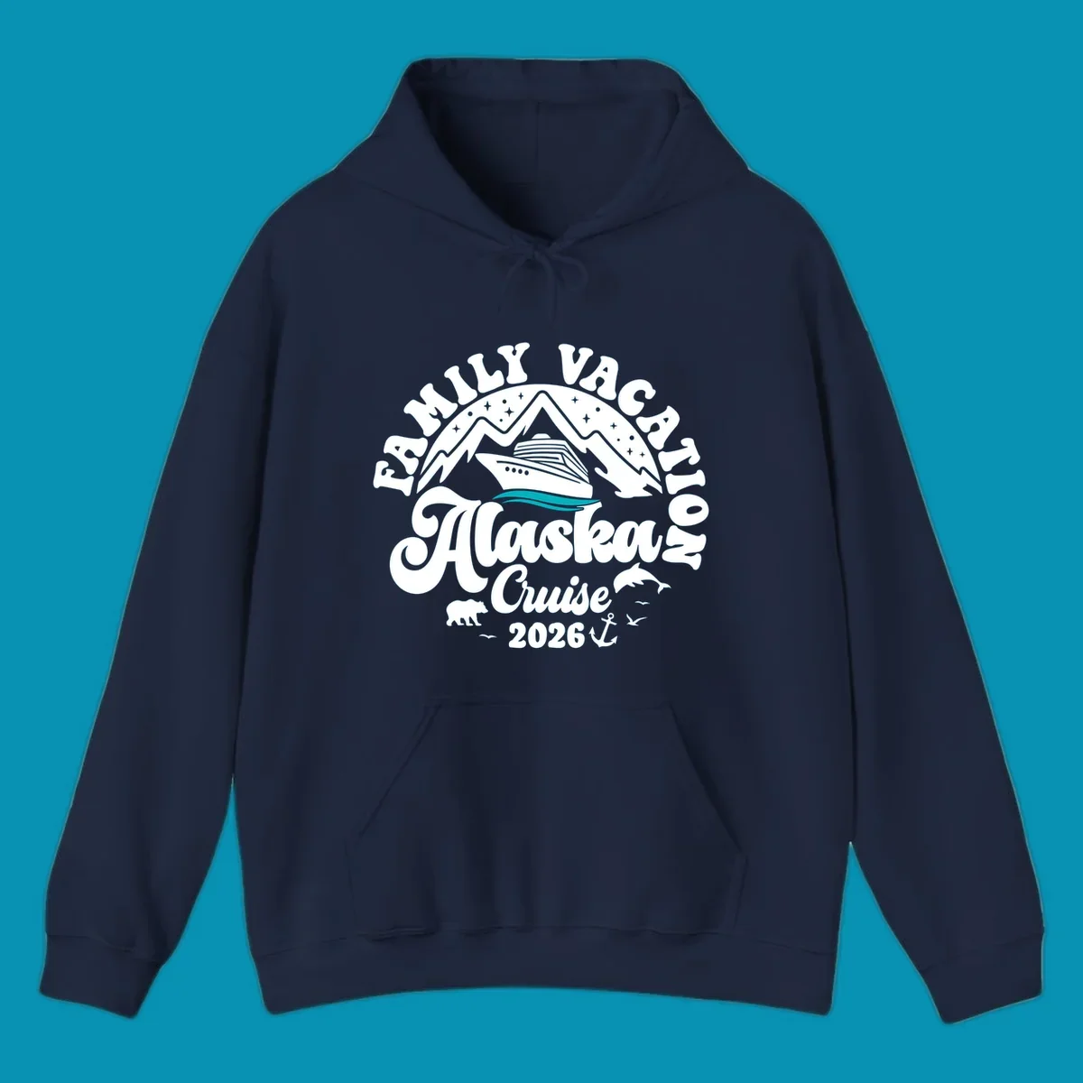 Minimalist design of two flowing teal ocean waves representing Alaska's serene waters and cruise journey.