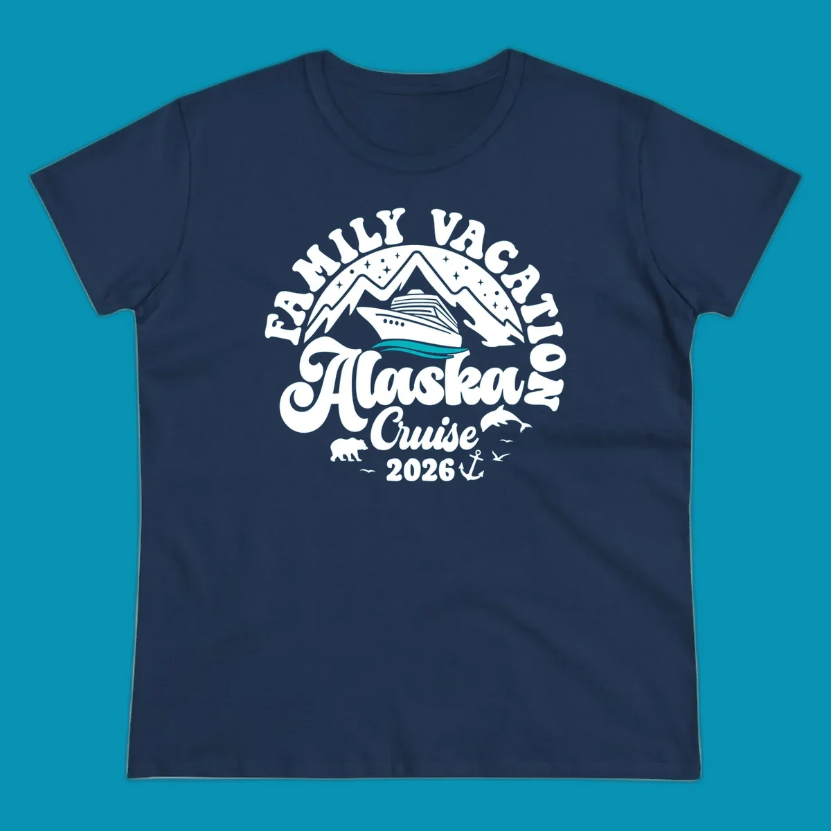 Minimalist design of two flowing teal ocean waves representing Alaska's serene waters and cruise journey.