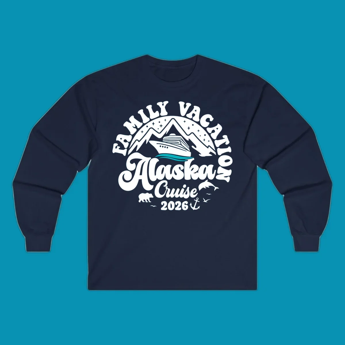 Minimalist design of two flowing teal ocean waves representing Alaska's serene waters and cruise journey.