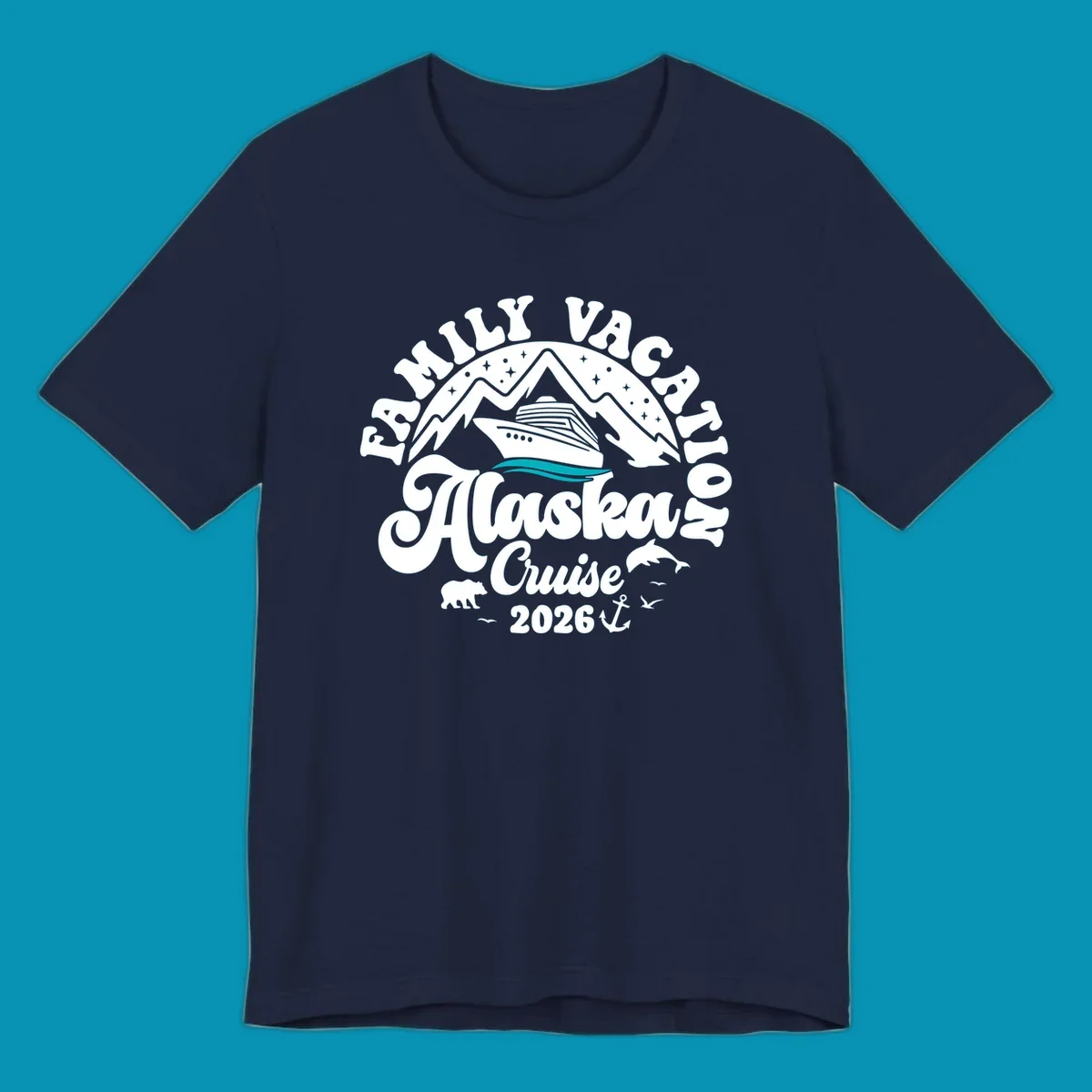 Minimalist design of two flowing teal ocean waves representing Alaska's serene waters and cruise journey.