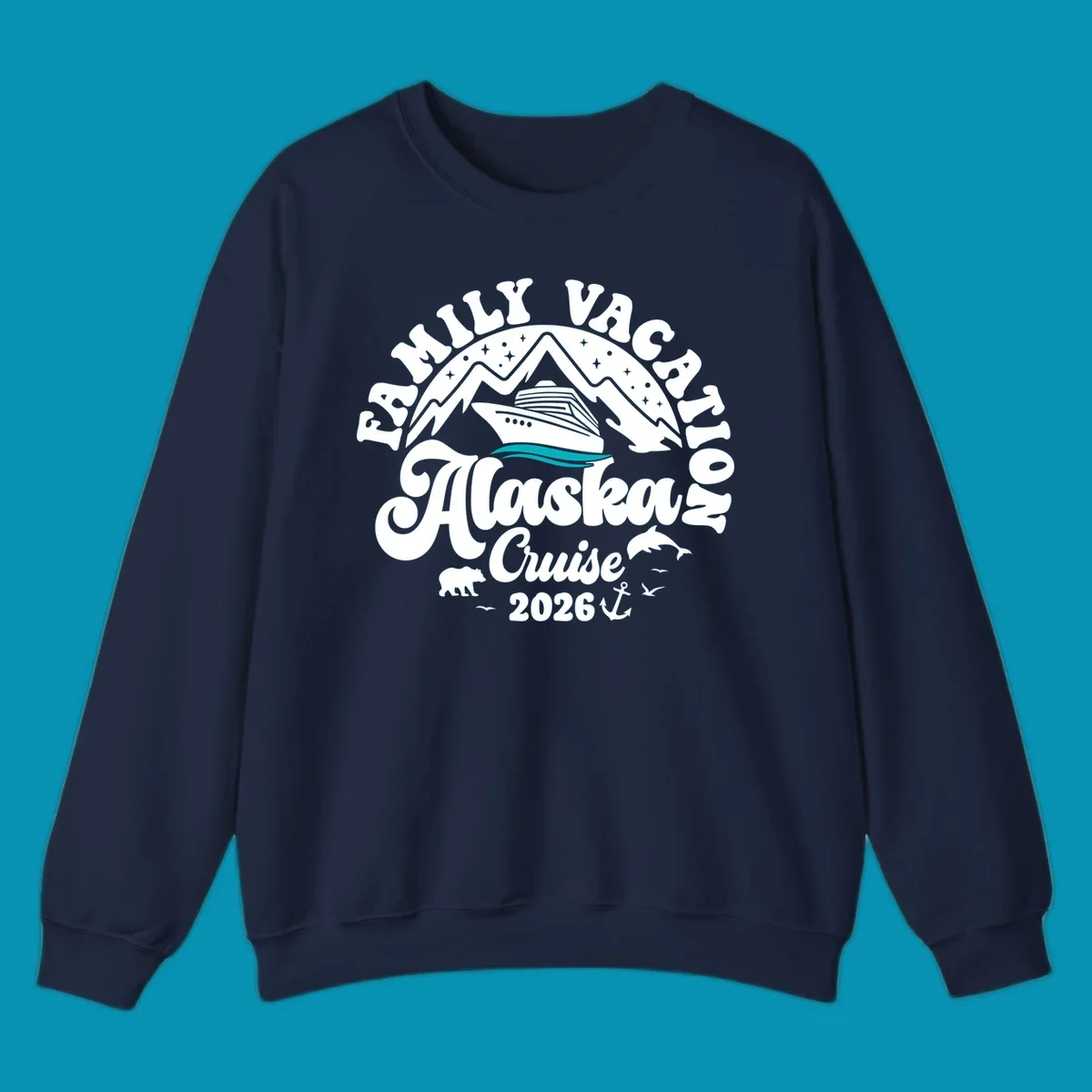 Minimalist design of two flowing teal ocean waves representing Alaska's serene waters and cruise journey.