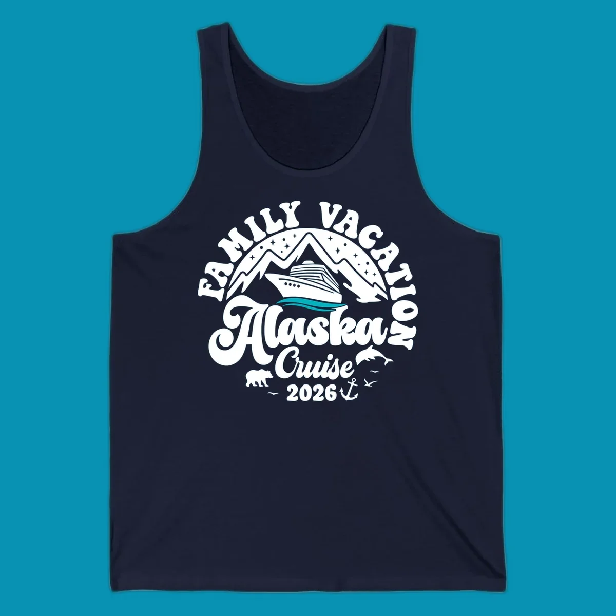 Minimalist design of two flowing teal ocean waves representing Alaska's serene waters and cruise journey.