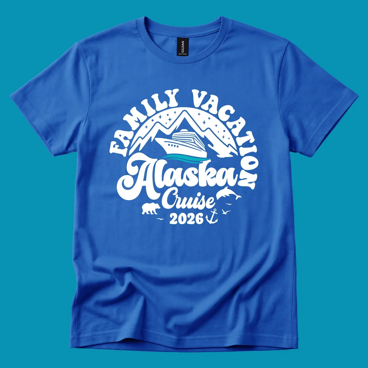 Minimalist design of two flowing teal ocean waves representing Alaska's serene waters and cruise journey.