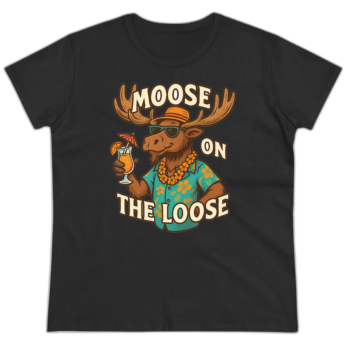 Moose On The Loose Tropical Ladies Tee in Black