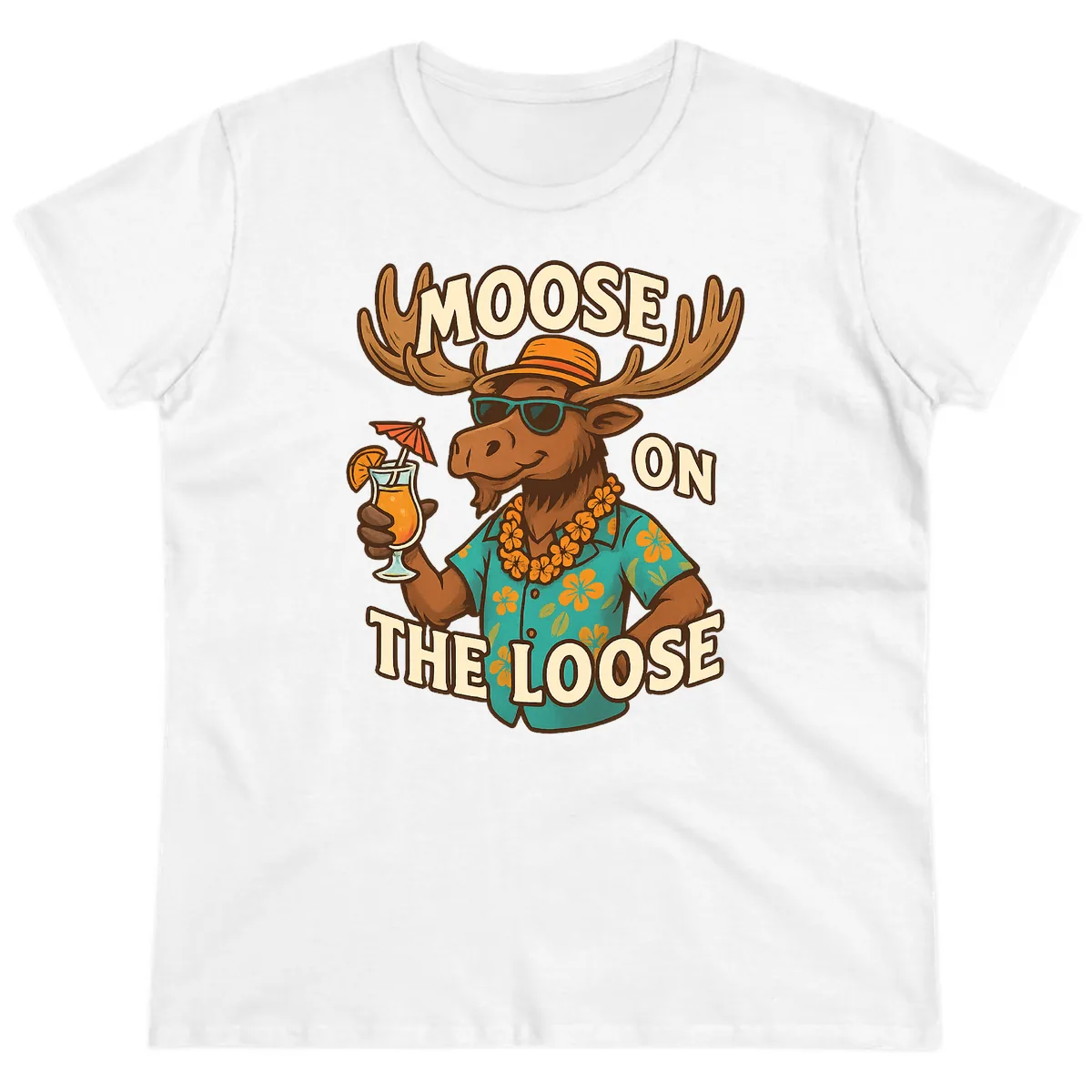 Moose On The Loose Tropical Ladies Tee in White