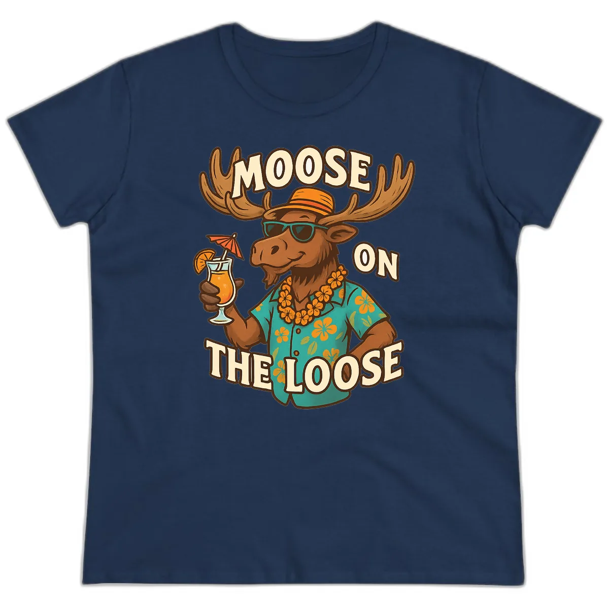 Moose On The Loose Tropical Ladies Tee in Navy