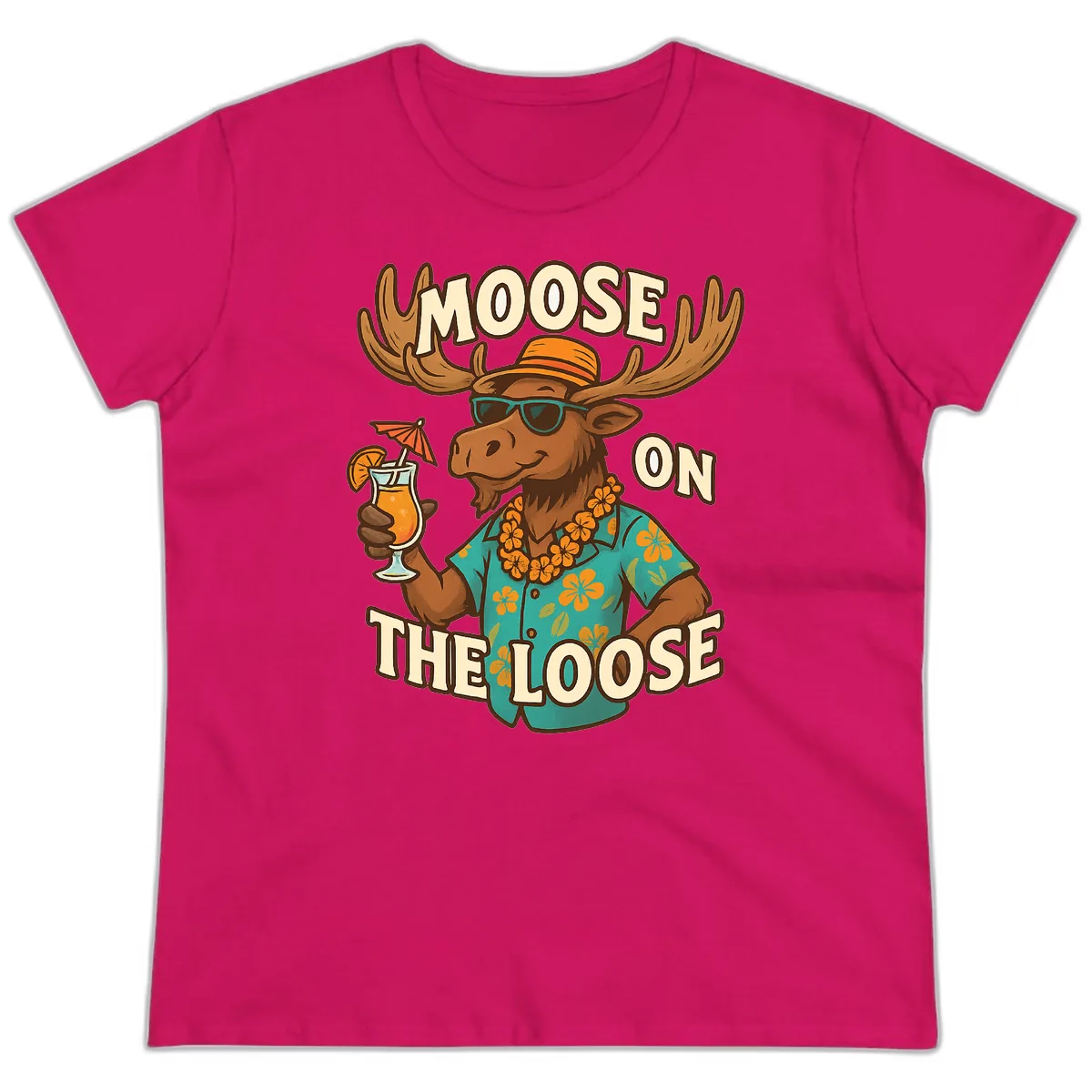 Moose On The Loose Tropical Ladies Tee in Heliconia