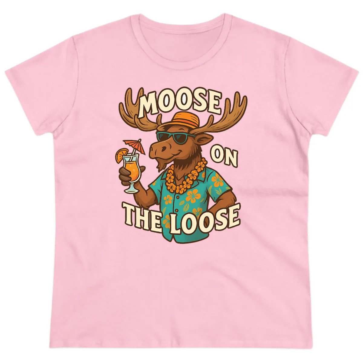 Moose On The Loose Tropical Ladies Tee in Light Pink