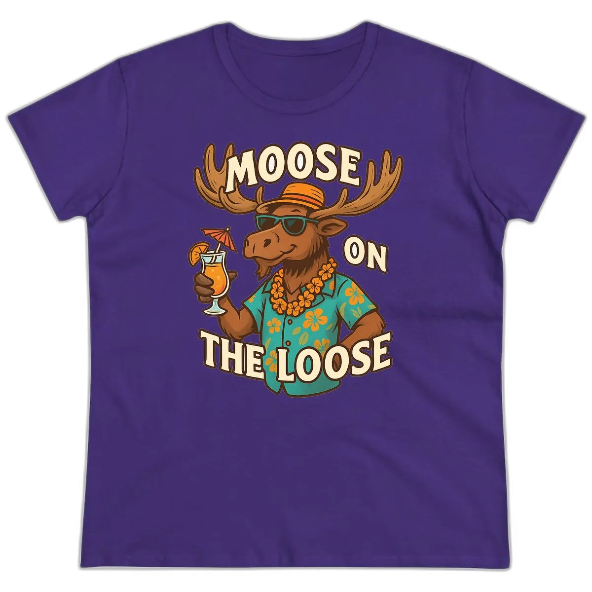 Moose On The Loose Tropical Ladies Tee in Purple
