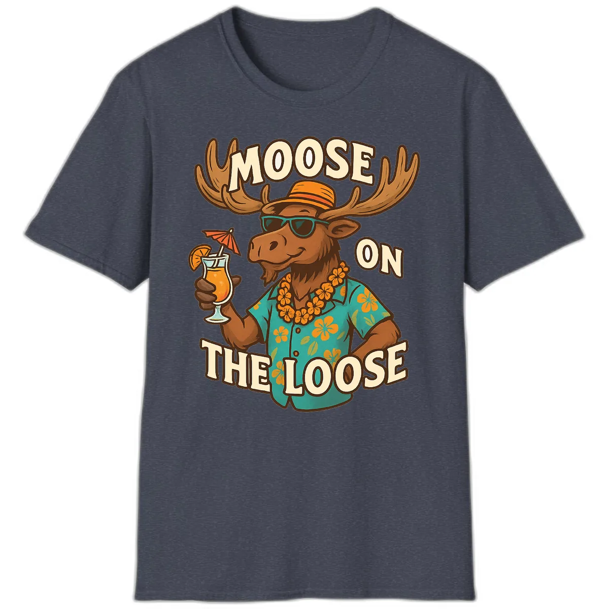 Moose On The Loose Tropical T-Shirt in Heather Navy