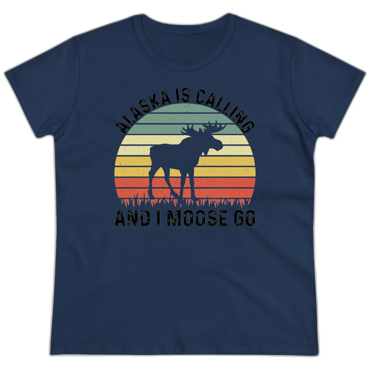 Alaska Calling And I Moose Go Ladies Tee in Navy