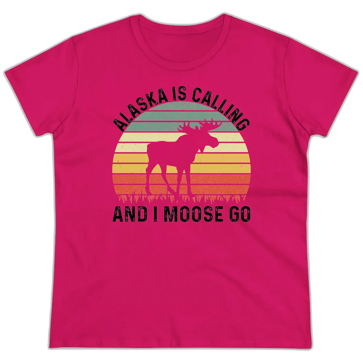 Alaska Calling And I Moose Go Ladies Tee in Heliconia