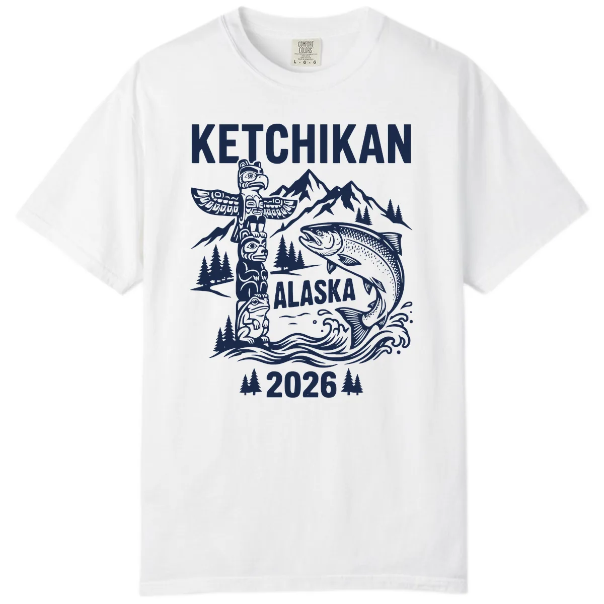 Ketchikan Alaska Totem & Salmon Comfort Color in White