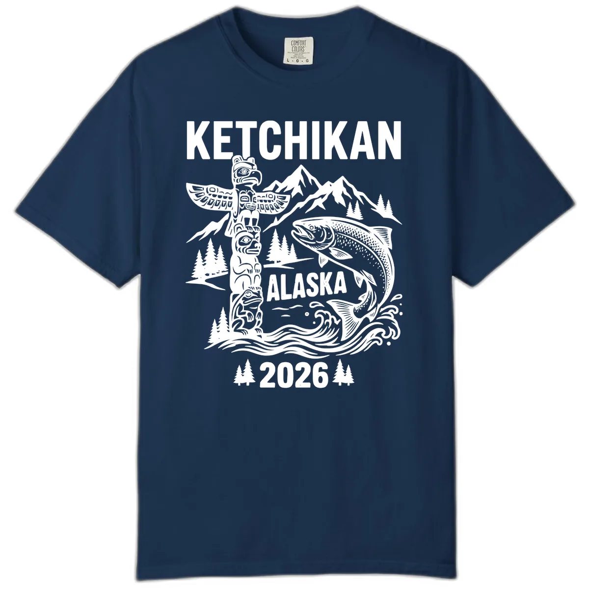 Ketchikan Alaska Totem & Salmon Comfort Color in Navy