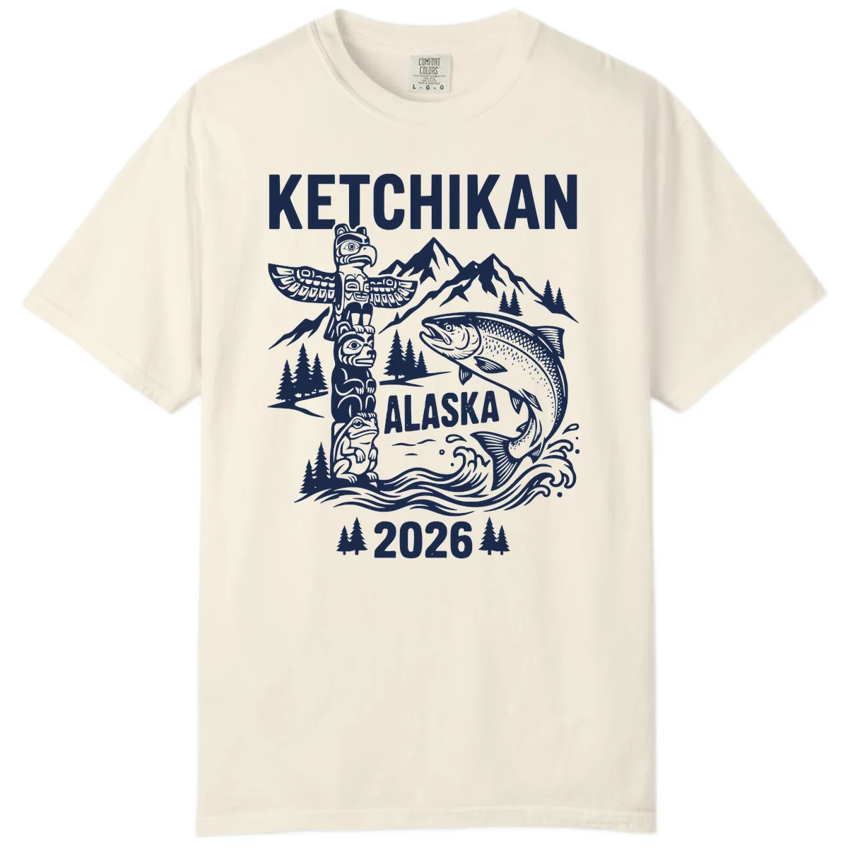 Ketchikan Alaska Totem & Salmon Comfort Color in Ivory