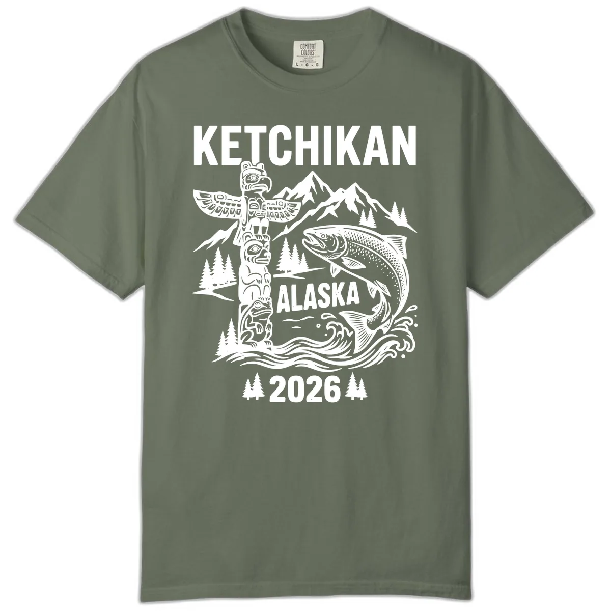 Ketchikan Alaska Totem & Salmon Comfort Color in Moss