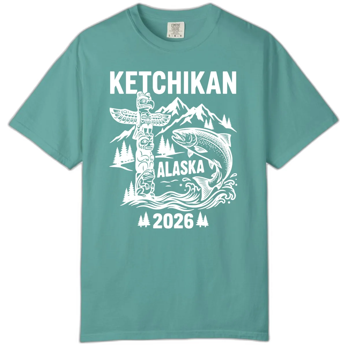 Ketchikan Alaska Totem & Salmon Comfort Color in Seafoam