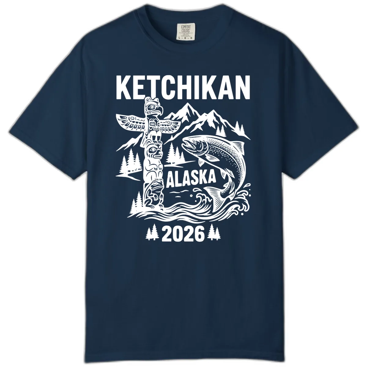Ketchikan Alaska Totem & Salmon Comfort Color in True Navy