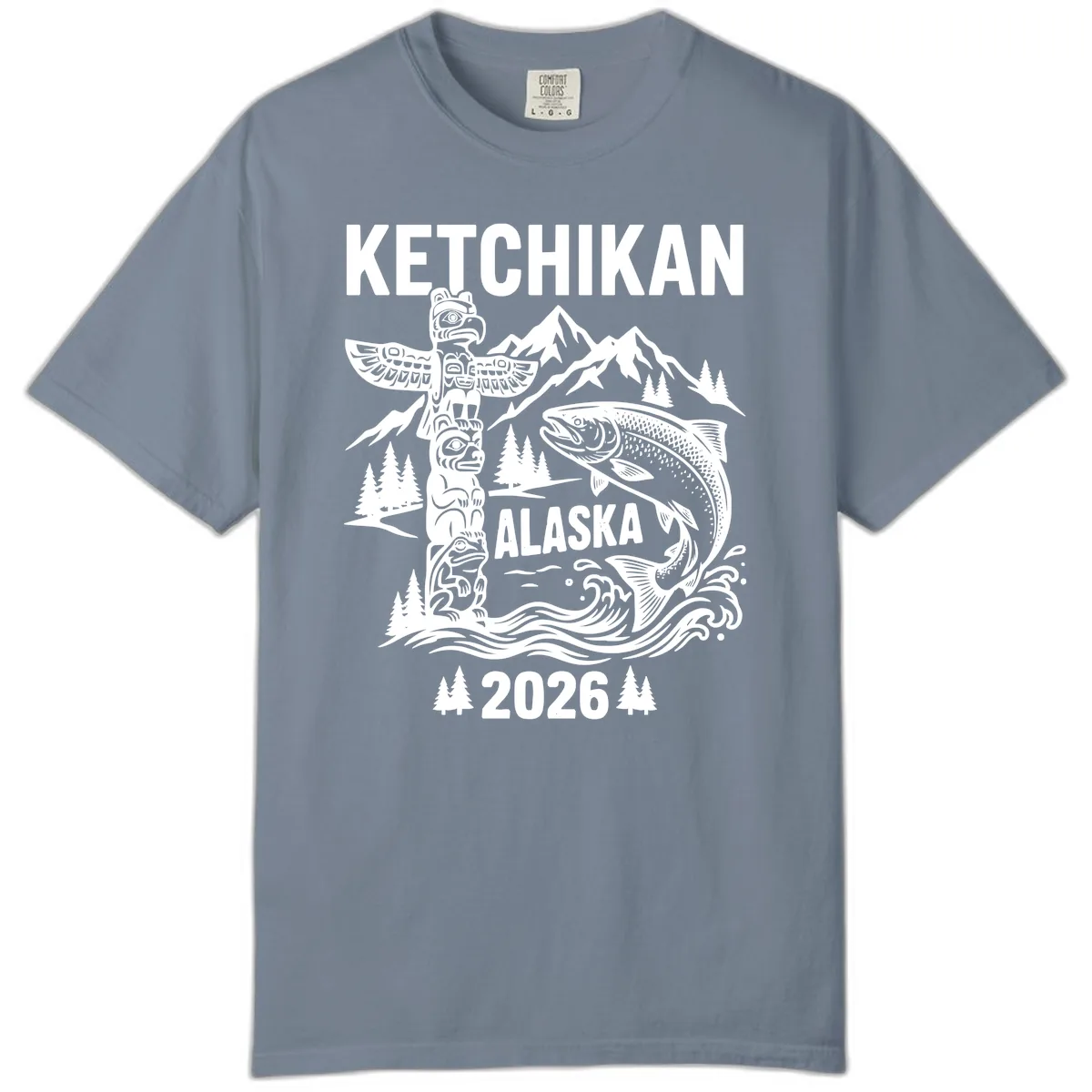 Ketchikan Alaska Totem & Salmon Comfort Color in Blue Jean