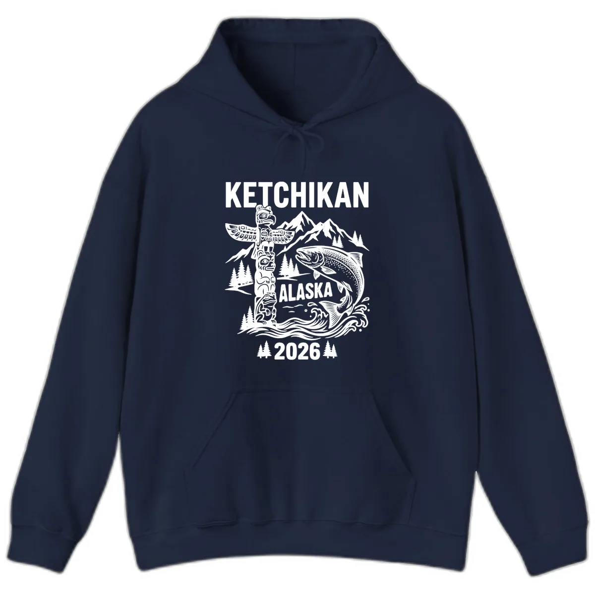 Ketchikan Alaska Totem & Salmon Hoodie in Navy