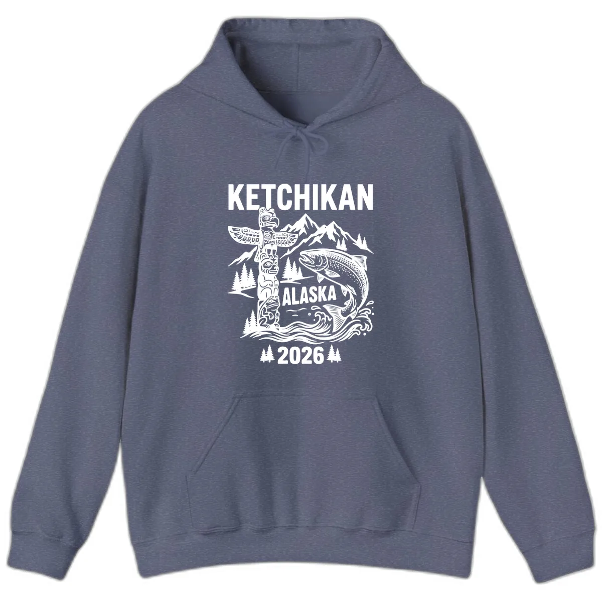 Ketchikan Alaska Totem & Salmon Hoodie in Heather Navy