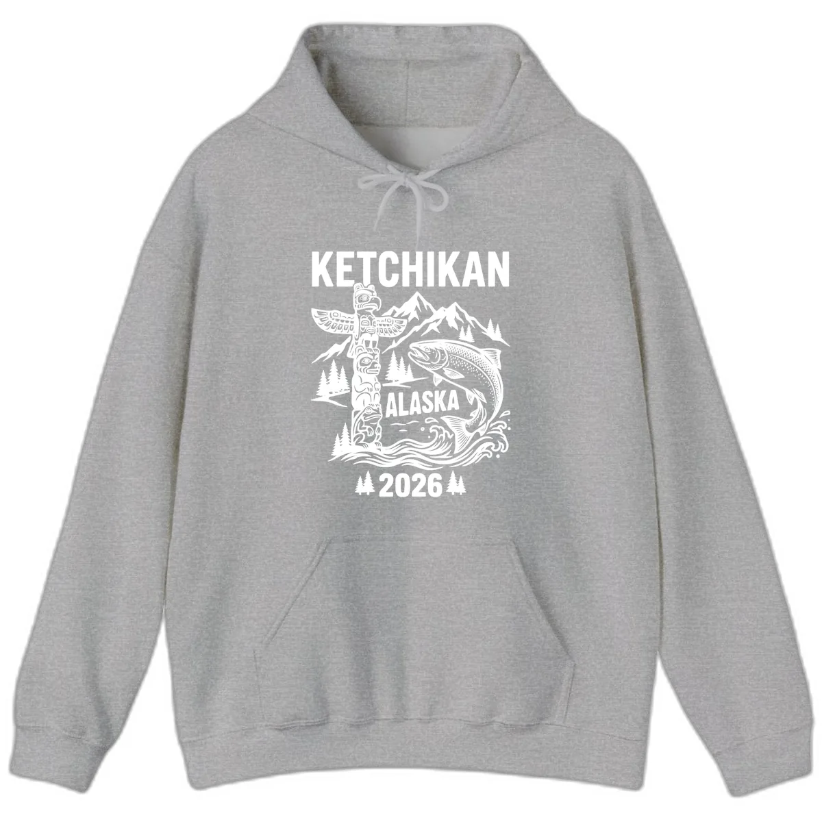 Ketchikan Alaska Totem & Salmon Hoodie in Sport Grey