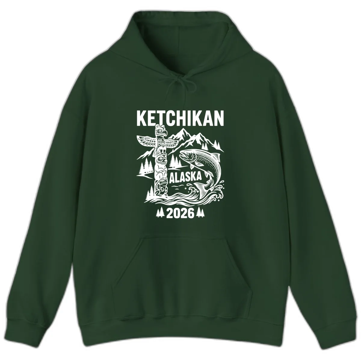 Ketchikan Alaska Totem & Salmon Hoodie in Forest Green