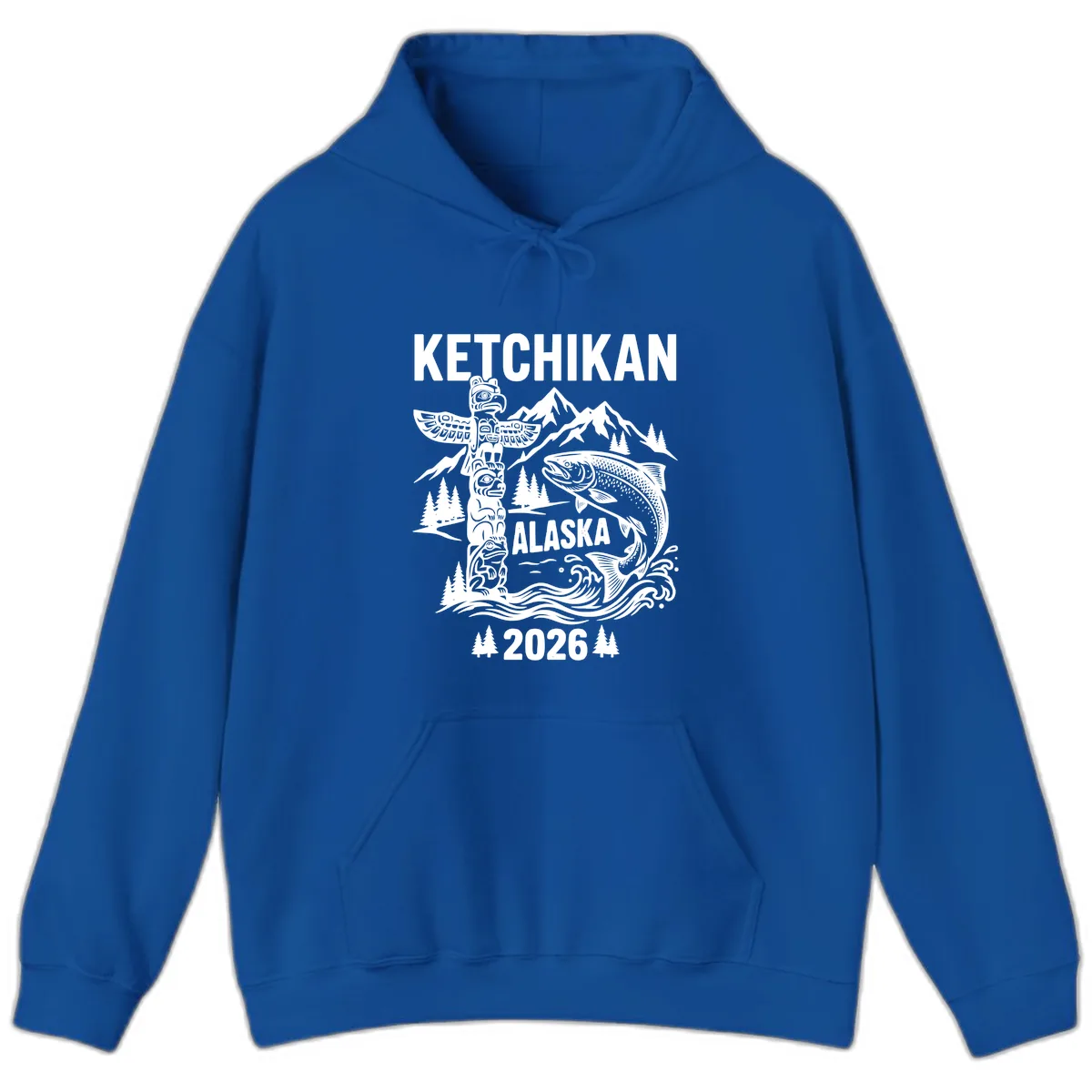 Ketchikan Alaska Totem & Salmon Hoodie in Royal