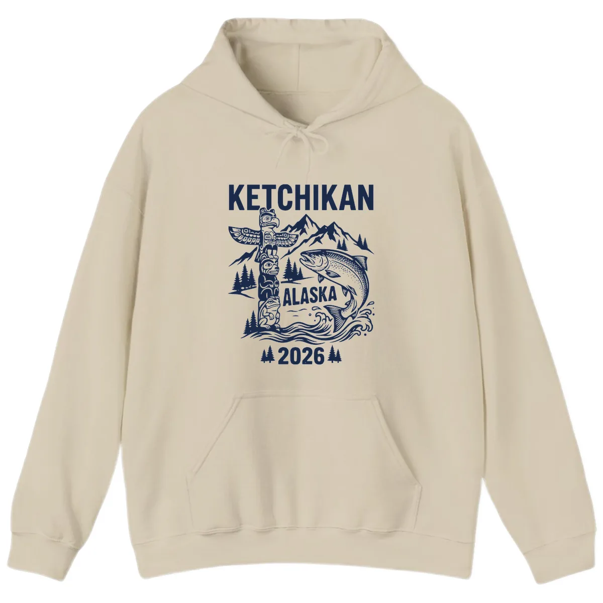 Ketchikan Alaska Totem & Salmon Hoodie in Sand