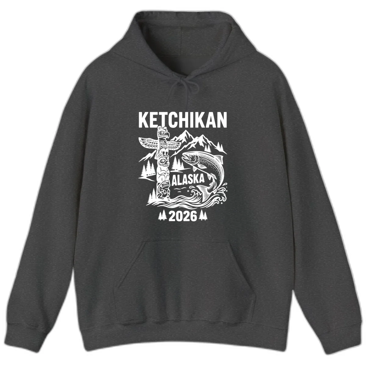 Ketchikan Alaska Totem & Salmon Hoodie in Dark Heather