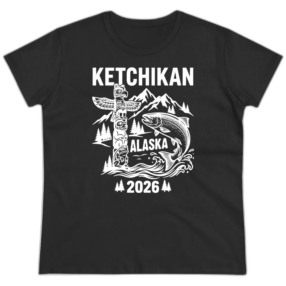 Ketchikan Alaska Totem & Salmon Ladies Tee in Black
