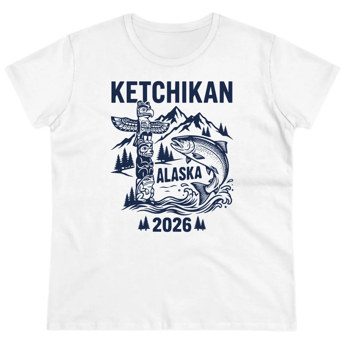 Ketchikan Alaska Totem & Salmon Ladies Tee in White