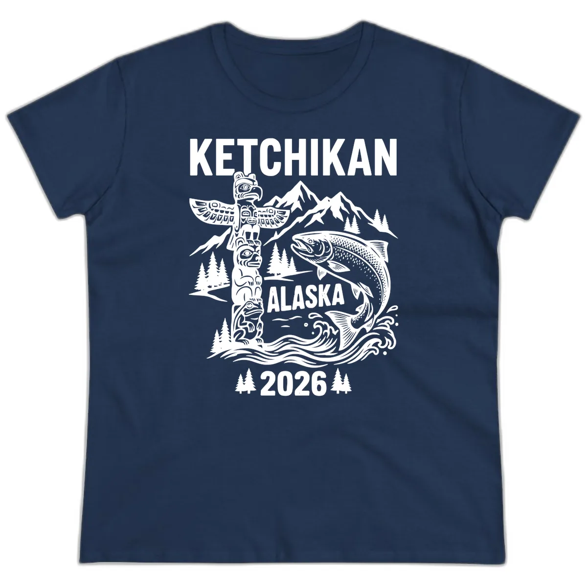 Ketchikan Alaska Totem & Salmon Ladies Tee in Navy