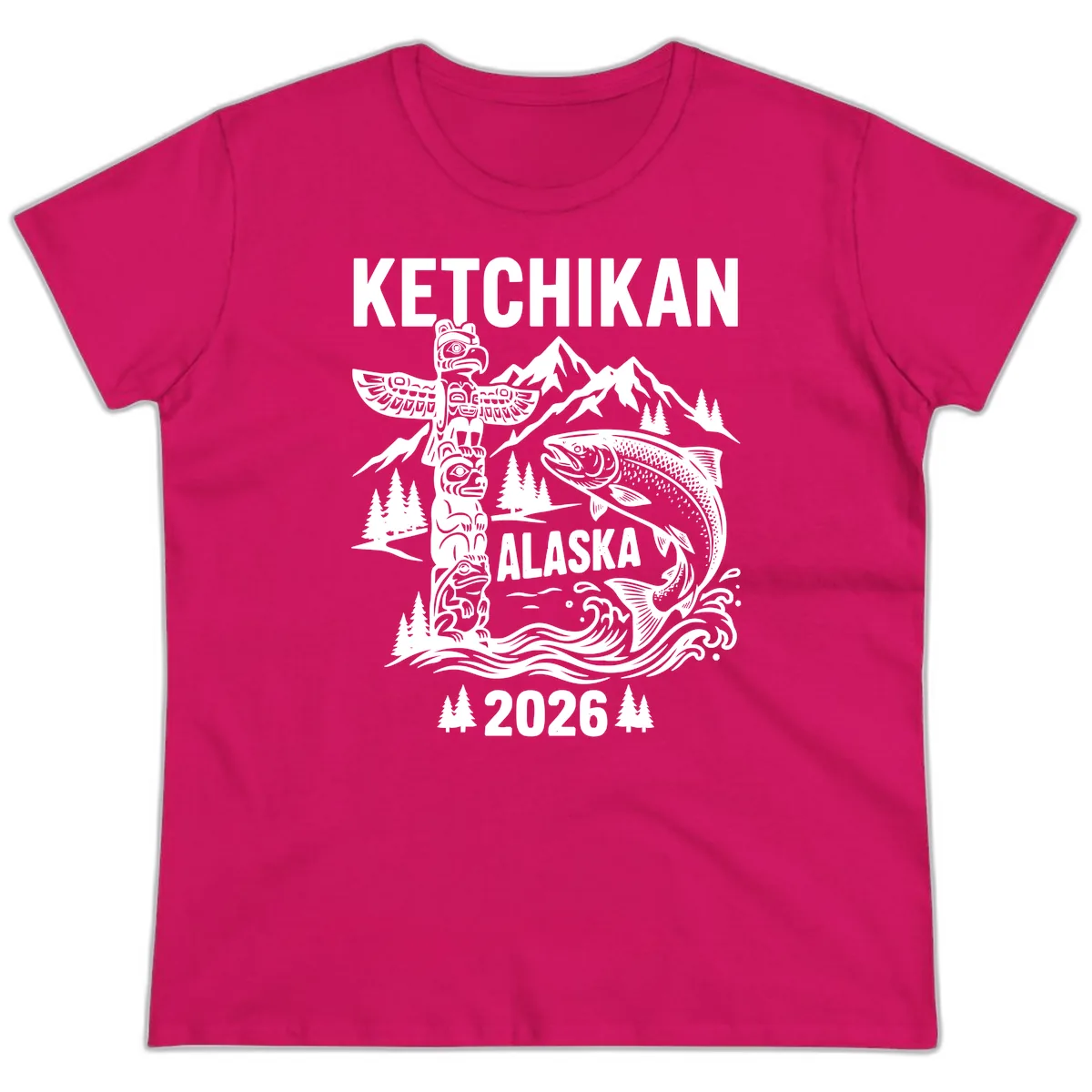 Ketchikan Alaska Totem & Salmon Ladies Tee in Heliconia