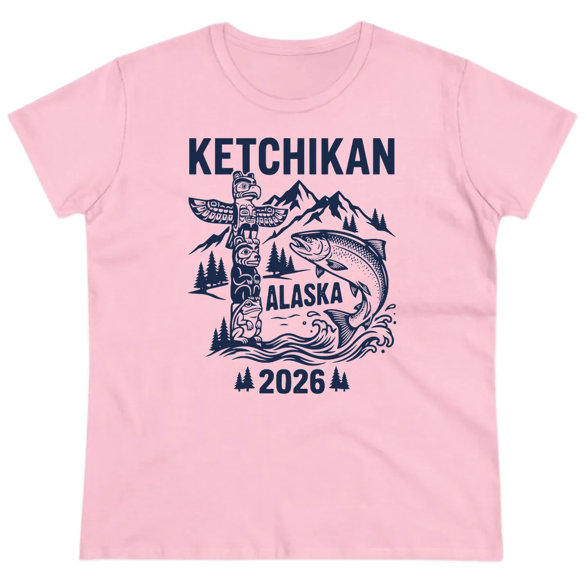 Ketchikan Alaska Totem & Salmon Ladies Tee in Light Pink