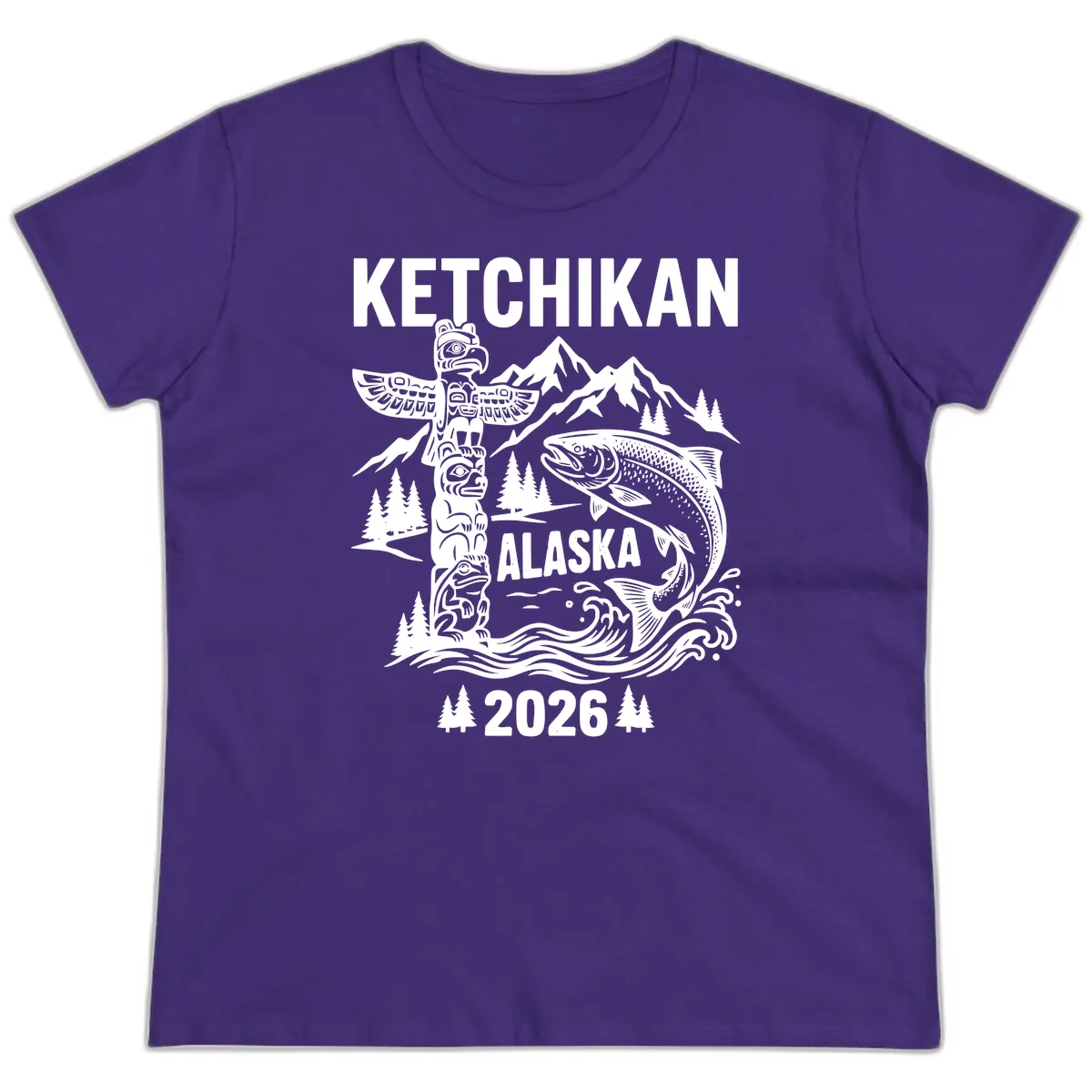 Ketchikan Alaska Totem & Salmon Ladies Tee in Purple