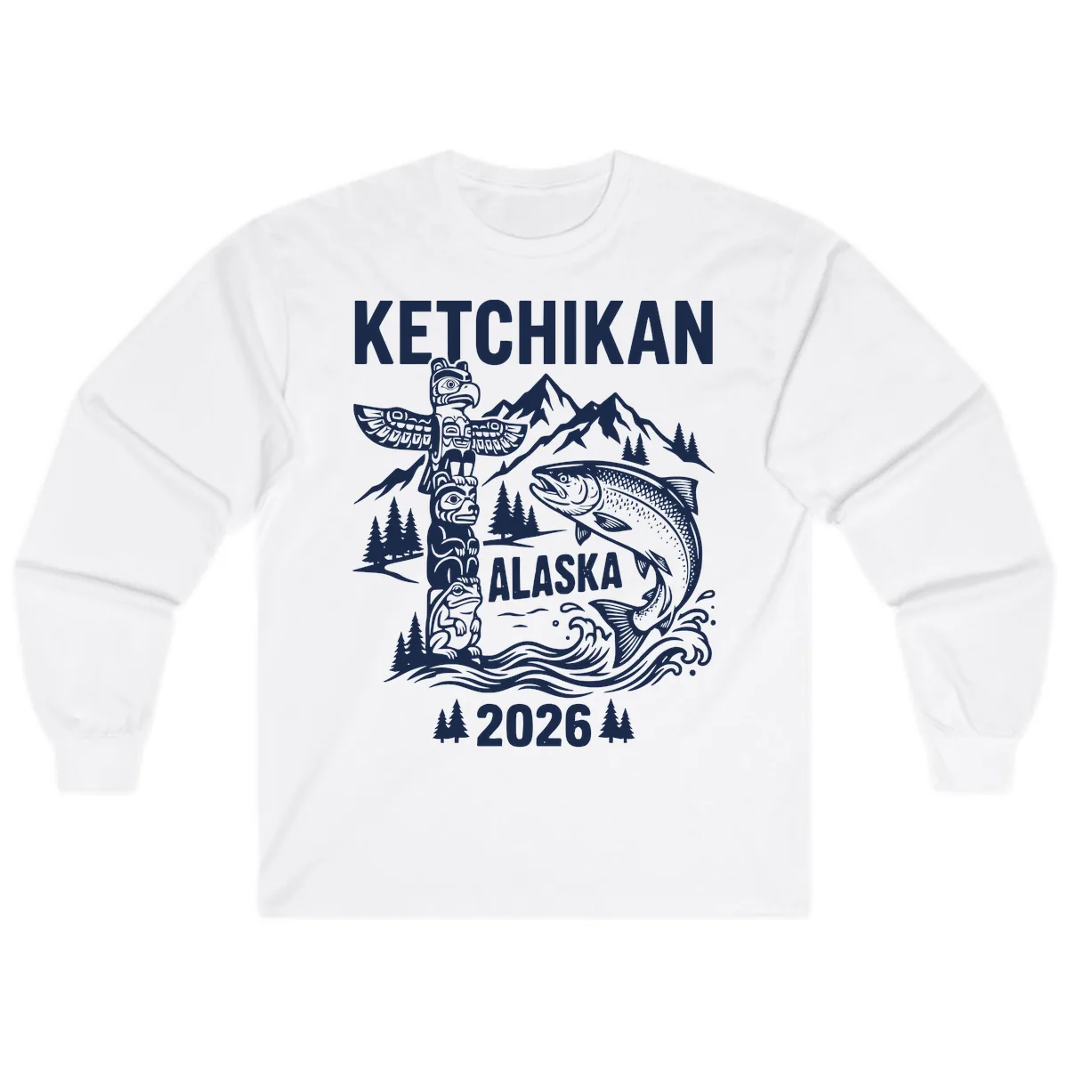 Ketchikan Alaska Totem & Salmon Long Sleeve in White