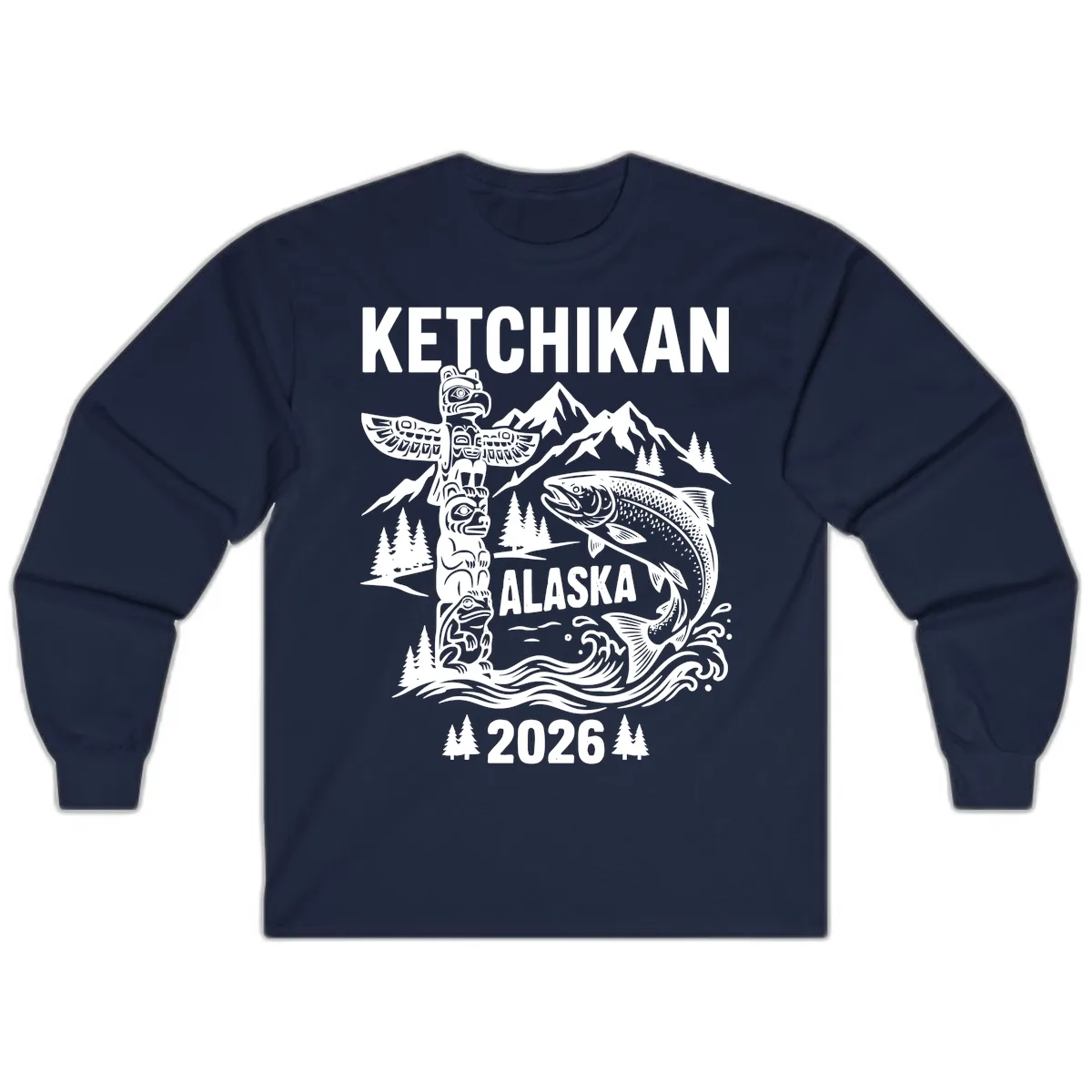 Ketchikan Alaska Totem & Salmon Long Sleeve in Navy