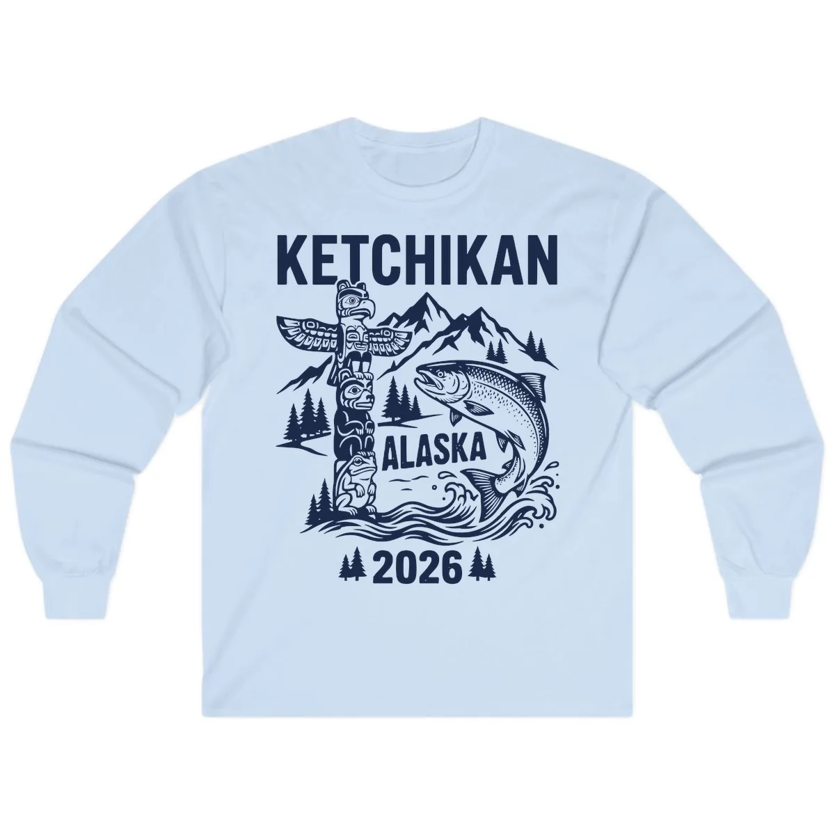 Ketchikan Alaska Totem & Salmon Long Sleeve in Light Blue
