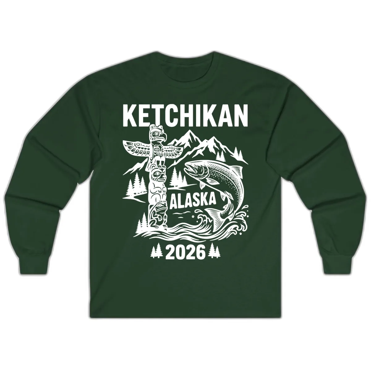 Ketchikan Alaska Totem & Salmon Long Sleeve in Forest Green
