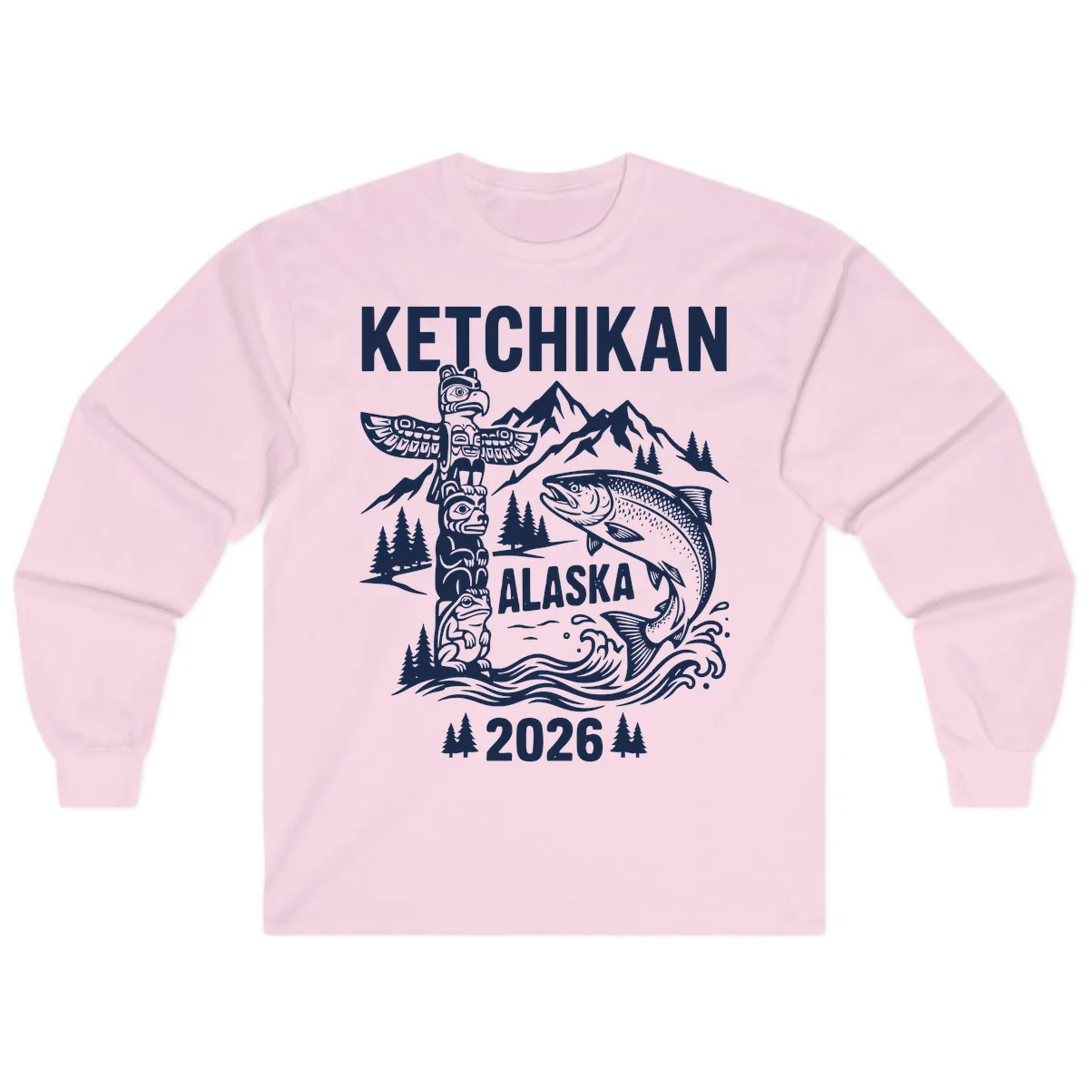 Ketchikan Alaska Totem & Salmon Long Sleeve in Light Pink