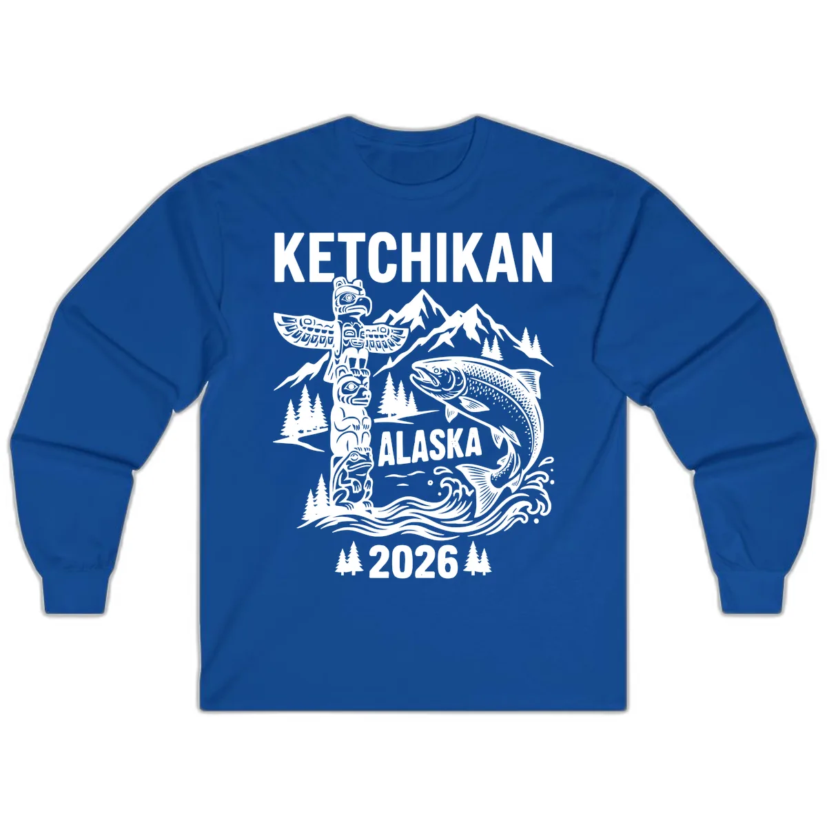 Ketchikan Alaska Totem & Salmon Long Sleeve in Royal