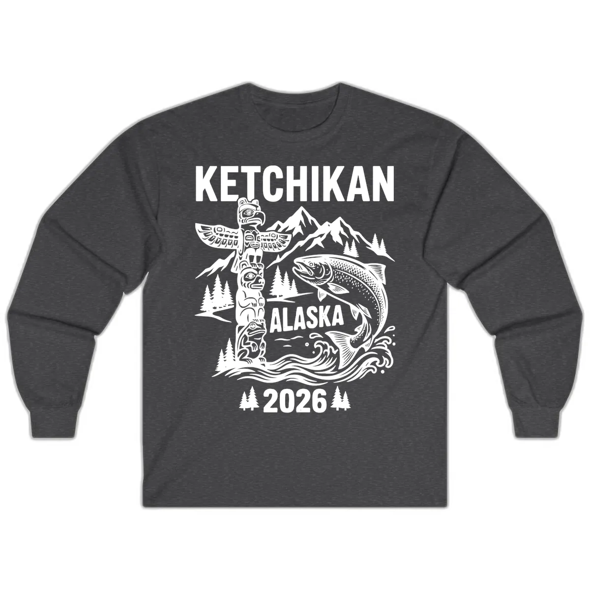 Ketchikan Alaska Totem & Salmon Long Sleeve in Dark Heather