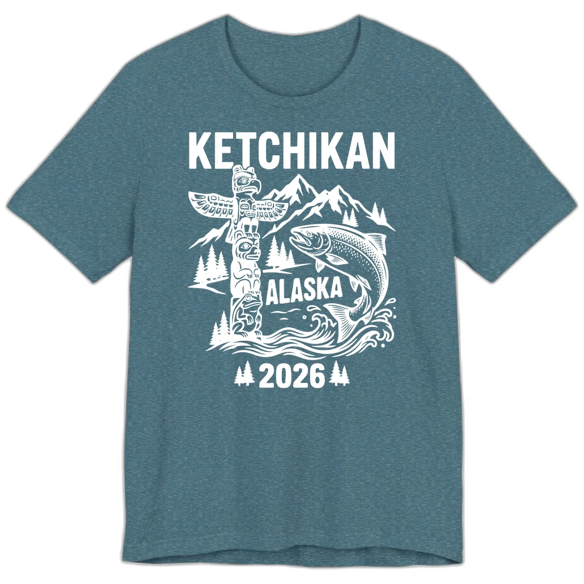 Ketchikan Alaska Totem & Salmon Premium T-Shirt in Heather Deep Teal