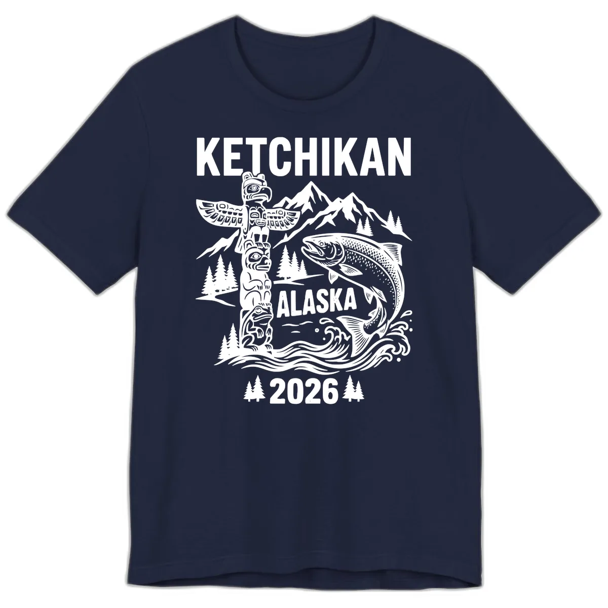 Ketchikan Alaska Totem & Salmon Premium T-Shirt in Navy