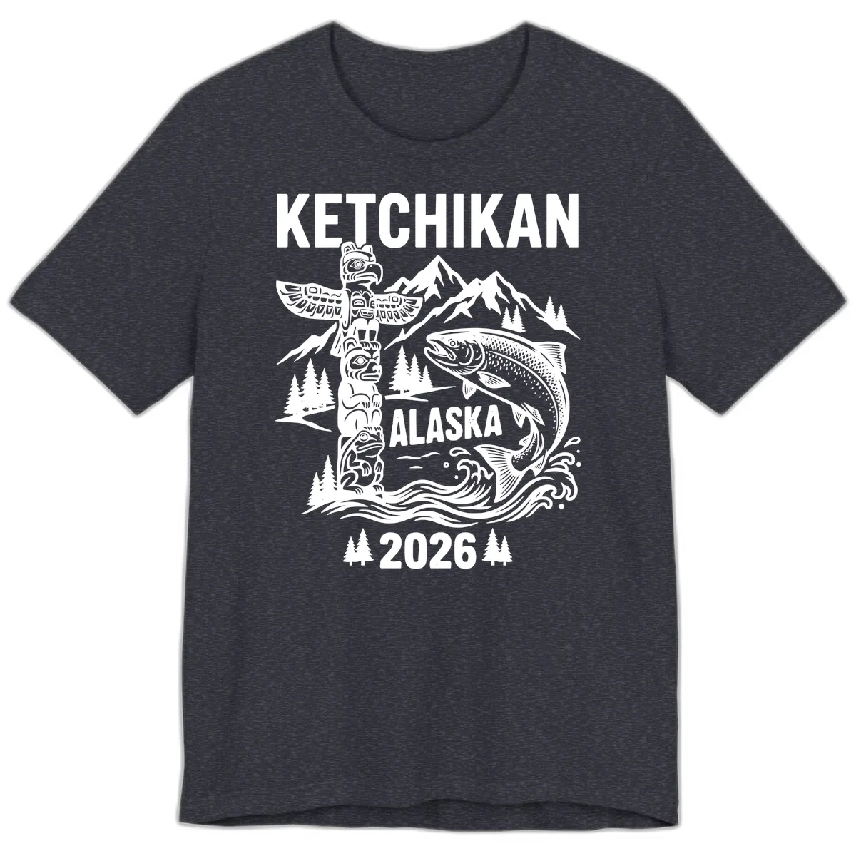 Ketchikan Alaska Totem & Salmon Premium T-Shirt in Heather Navy