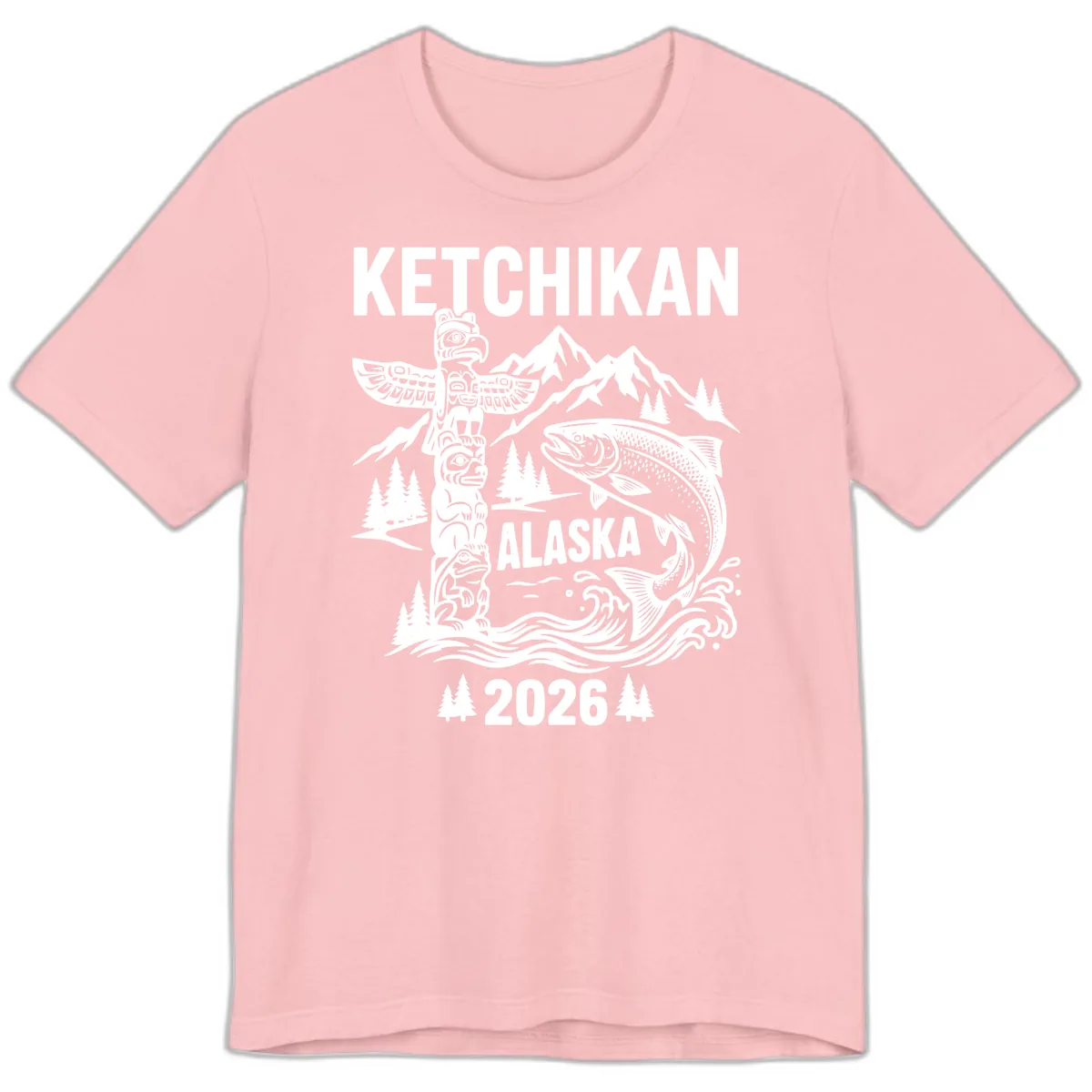 Ketchikan Alaska Totem & Salmon Premium T-Shirt in Pink