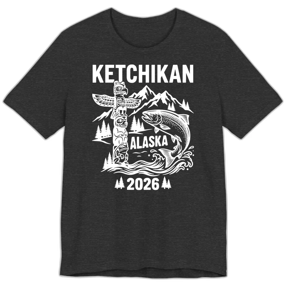 Ketchikan Alaska Totem & Salmon Premium T-Shirt in Dark Grey Heather