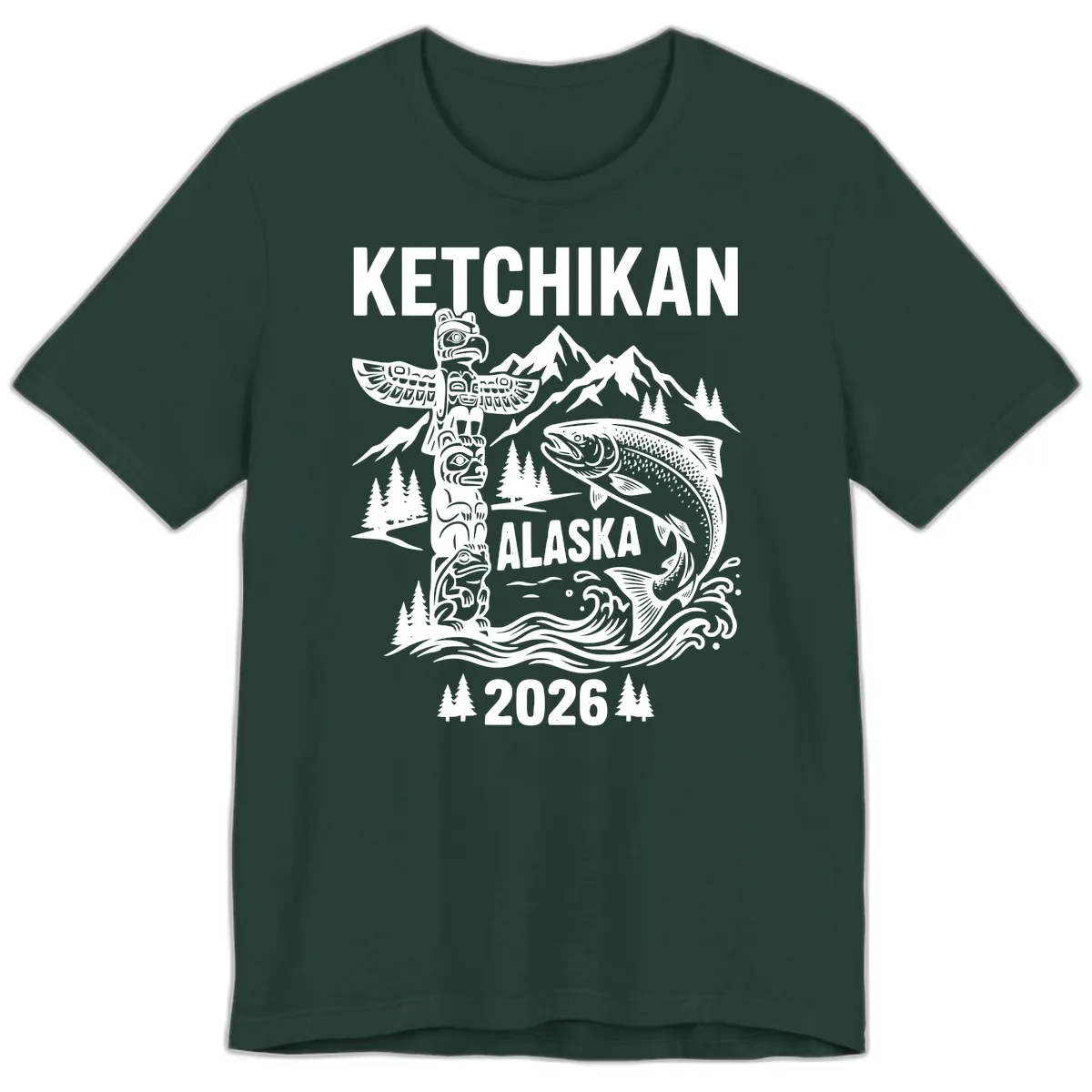 Ketchikan Alaska Totem & Salmon Premium T-Shirt in Forest